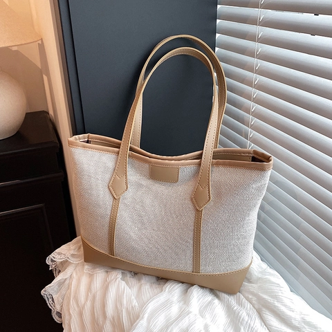 Sac Cabas en Toile pour Femmes Avec Garniture en Cuir Synthétique Grande Capacité Sac à Épaule Minimaliste Vintage
