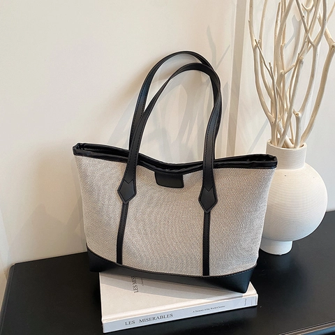 Sac Cabas en Toile pour Femmes Avec Garniture en Cuir Synthétique Grande Capacité Sac à Épaule Minimaliste Vintage