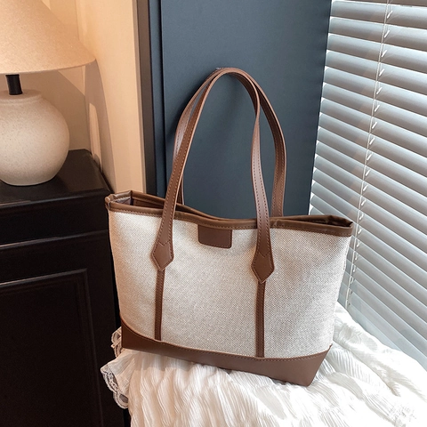 Dames Grote Capaciteit Tote Bag PU Leer Canvas Stiksel Schoudertas Woon-werk Mode Handtas Eenvoudige Casual Hobo Tas