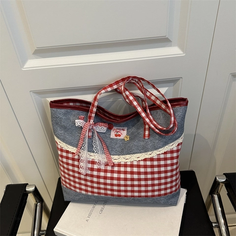 Women Denim Gingham Patchwork Tote Bag Korean Pastoral Lace Edge Shoulder Bag With Bow Cherry Patch Daily Handbag