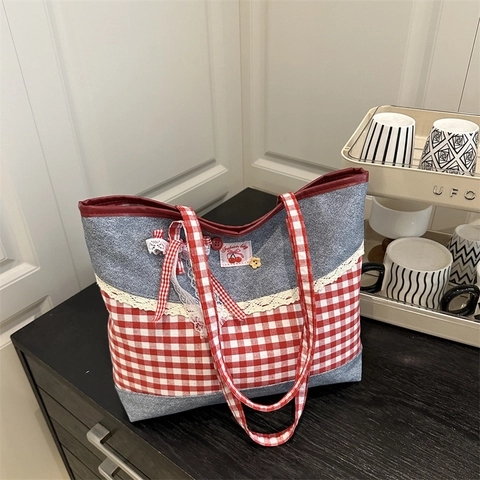 Women Denim Gingham Patchwork Tote Bag Korean Pastoral Lace Edge Shoulder Bag With Bow Cherry Patch Daily Handbag