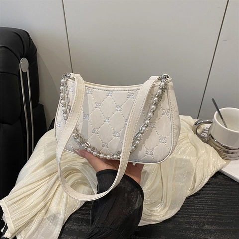 Sac Sous Le Bras Matelassé Élégant Femme Chaîne Künstliche Perles Sac à Bandoulière Cuir PU Sac à Main Luxe Pour Quotidien Bureau Fête
