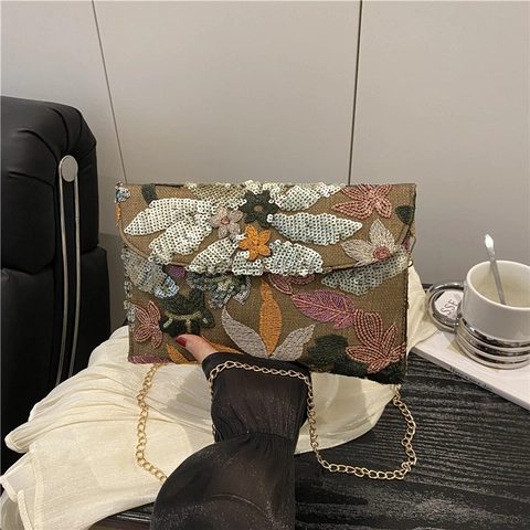 Borsa a Busta Ricamata con Fiori e Paillettes da Donna Bohémien Vintage Catena Spalla Tracolla Clutch Pochette Sera
