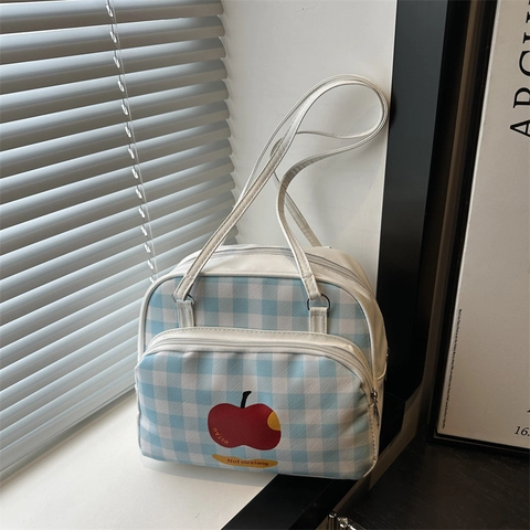 Mochila Vichy de Estilo Coreano Lindo con Estampado de Manzana para Mujer Gran Capacidad Color de Contraste PU Bolso de Hombro Casual