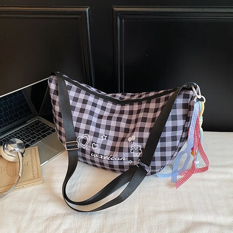 Vintage Checkered Composite Fabric Hobo Bag For Women Embroidery Bear Heart Pattern Shoulder Underarm Crossbody Bag Casual Daily