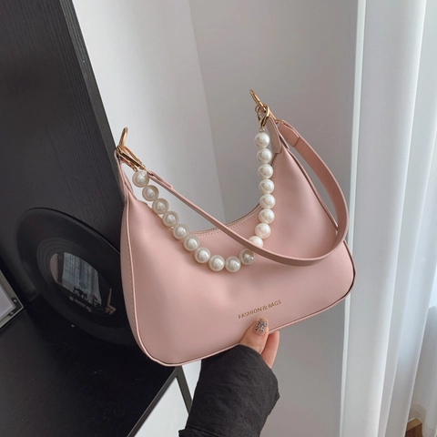 Women Hobo Underarm Bag PU Leather Half Moon Shoulder Bag Artificial Pearl Chain Strap Fashion Crossbody Bag Solid Color Small Purse