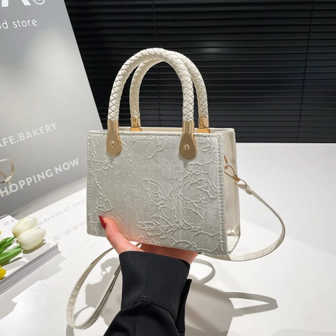 Bolso Tote de Mujer en Cuero PU con Relieve Floral y Asa Tejida Bolso de Hombro Cuadrado Pequeño Bandolera para Diario