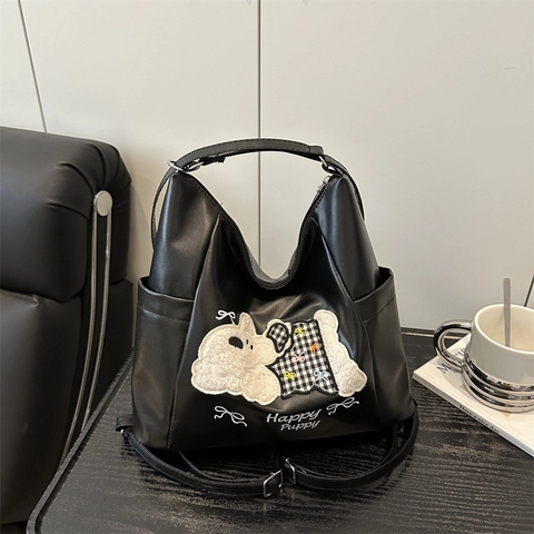 Borsa Tote in Pelle PU con Ricamo a Cucciolo Carino Grande Capacità Borsa a Tracolla Casual per Donna Scuola Quotidiana