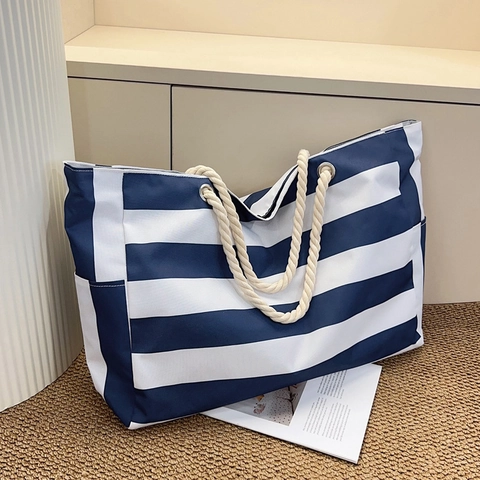Large Capacity Stripe Nylon Tote Bag With Rope Handle Casual Nautical Style Beach Vacation Shoulder Handbag For Women Travel