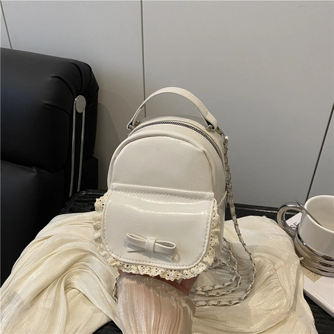 Mochila Mini para Mujer Cuero PU Lazo Dulce Ribete de Encaje Cadena de Metal Bolso de Hombro Moda Diario Casual Color Sólido