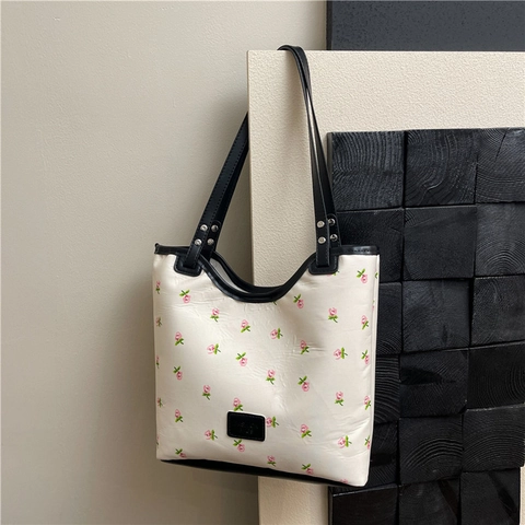 Women Fashion Floral Print PU Leather Tote Bag Large Capacity Casual Shoulder Handbag For Everyday Commute Shopping
