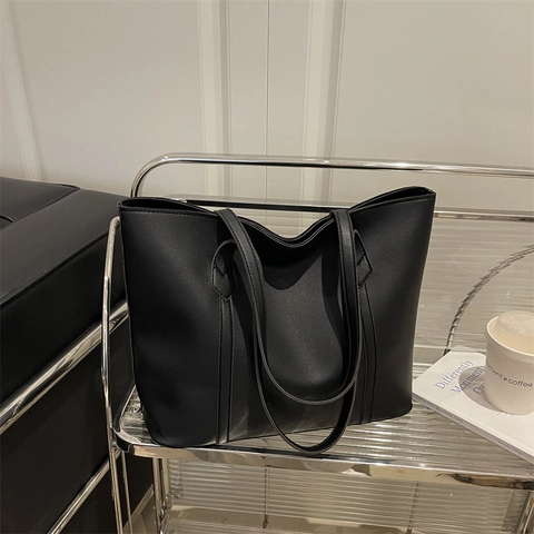 Women Minimalist Synthetic Leather Tote Bag Retro Large Capacity Solid Color Shoulder Bag For Daily Commute Office Handbag