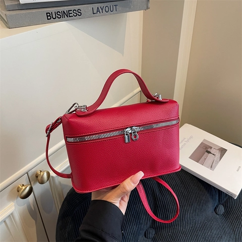 Sac à Épaule Boxy Minimaliste pour Femme en Cuir PU Grainé Avec Poignée Supérieure Doubles Fermetures Éclair Argentées Sacoche