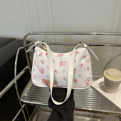 Französische Retro Blumendruck Schleife Achseltasche Für Damen PU Leder Umhängetasche Kleines Nischendesign Kirschdruck Hobo Tasche