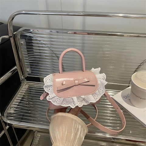 Bolso de Mano Mini para Mujer de Cuero PU con Lazo y Borde de Encaje Blanco Bolso Bandolera Vintage Dulce para Diario