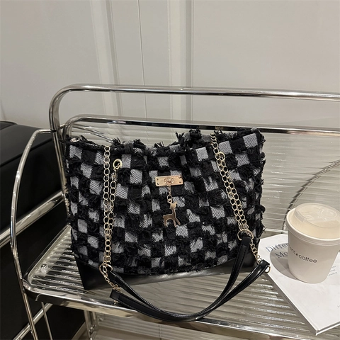 Borsa Tote in Denim di Design di Nicchia per Donna Grande Capacità Motivo a Quadri Stella Bordo Sfrangiato con Ciondolo Cervo