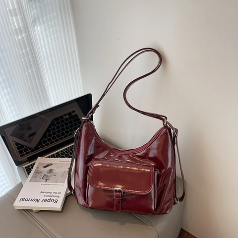 Borsa a Spalla da Donna in Pelle PU Lucida Zaino Multi-Way Vintage Tote Con Tasca Anteriore Tracolla Regolabile Pendolare