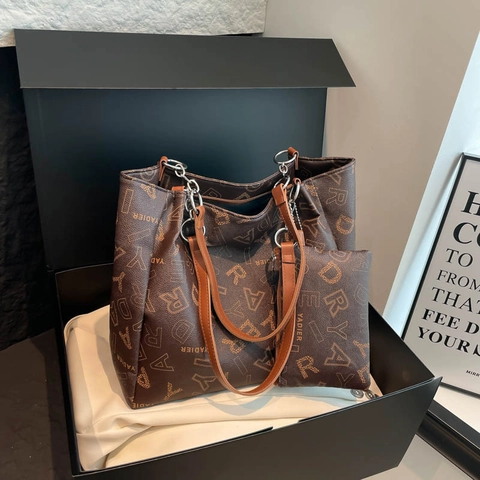 Bolso De Mano Vintage Para Mujer Con Estampado De Letras Gran Capacidad Y Bolsa Pequeña Cuero PU Moda