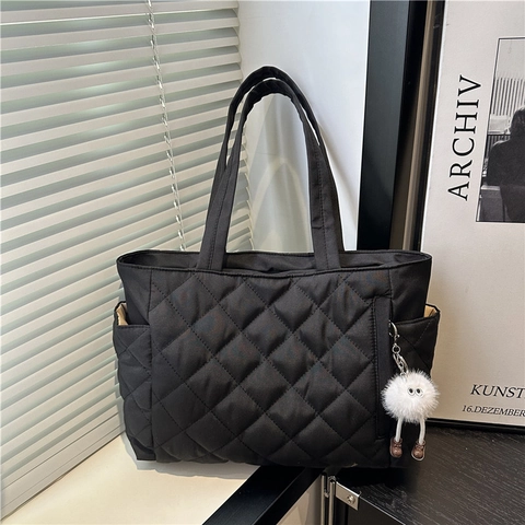 Urban Minimalist Quilted Diamond Lattice Tote Bag For Women Large Capacity Cotton Padded Shoulder Bag Casual Handbag