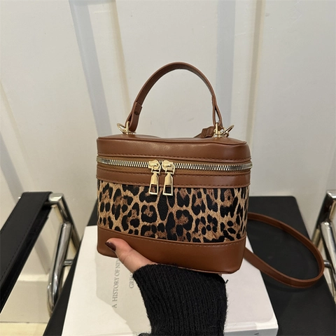 Borsa a Tracolla Vintage da Donna con Patchwork Leopardato in Pelle PU Moda Trucco Crossbody Borsa Manico Oro Cerniera