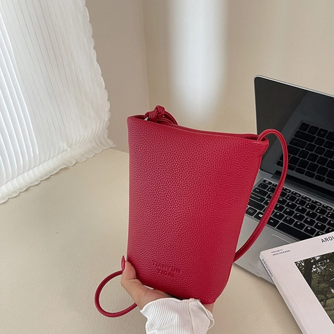 Borsa a Secchiello Mini da Donna in Pelle PU con Texture Granulata Semplice Piccola Borsa a Tracolla Per Pendolarismo Quotidiano