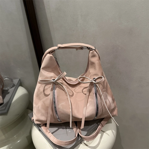Damen Retro Schleife Weiches PU Leder Tote Bag Große Kapazität Lässig Schultertasche Doppel Reißverschluss Hobo Handtasche