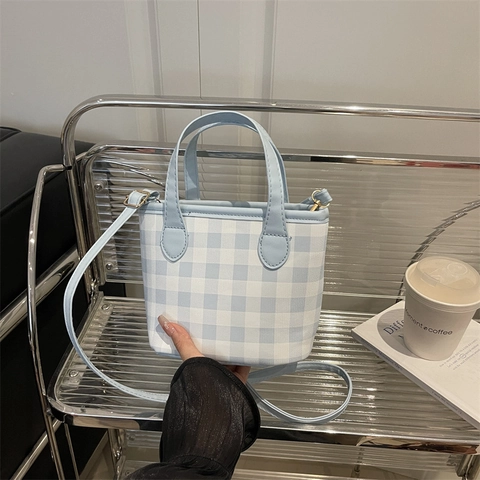 Women Gingham Plaid PU Leather Mini Tote Bag Casual Handheld Crossbody Shoulder Bag With Adjustable Strap For Girls Daily Use