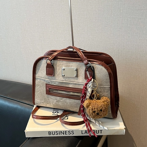 Vintage PU Leather Underarm Bag For Women Versatile Commuting Shoulder Bag Large Capacity Tote Bag With Plush Bear Pendant