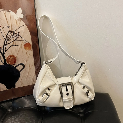 Women's Retro Synthetic Leather Underarm Bag With Metal Buckle Solid Color Y2K Style Minimalist Fashion Hobo Shoulder Bag