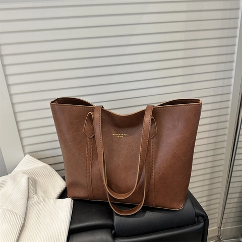 Women Minimalist Vintage Tote Bag PU Leather Large Capacity Shoulder Bag Commuting Handbag Solid Color Daily Work Bag