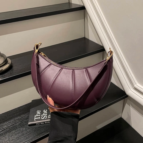 Bolso de Axila de Cuero PU Minimalista Urbano Color Sólido Fruncido Bolso Croissant Moda Casual Viaje Diario Mujer