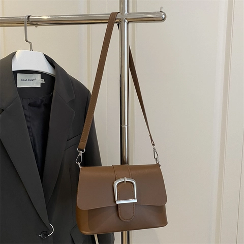 Retro Damen PU Leder Schultertasche Mit Metallschnalle Minimalistisch Einfarbige Umhängetasche Kleine Quadratische Handtasche