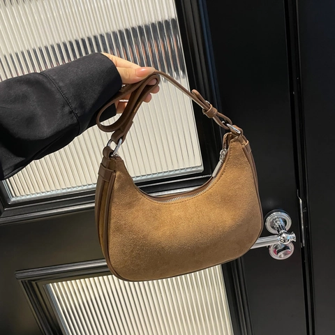 Bolso de Hombro de Media Luna de Gamuza para Mujer Bolso Hobo Vintage de Axila Bolso de Mano de Color Sólido Con Correa Ajustable