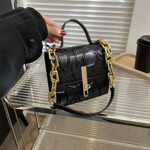 Borsa a Tracolla da Donna con Texture a Ramo Borsa a Mano in Pelle PU Con Catena d'Oro Chiusura in Metallo Piccola Borsa Quadrata Minimalista Moda Dolce Borsa da Pendolare Quotidiana