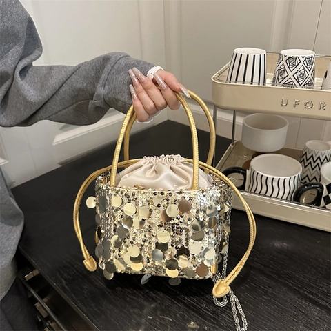 Women Sequin Bucket Bag Shiny Drawstring Handbag With Metal Handle Chain Strap Fashion Shoulder Bag For Party Wedding Gift