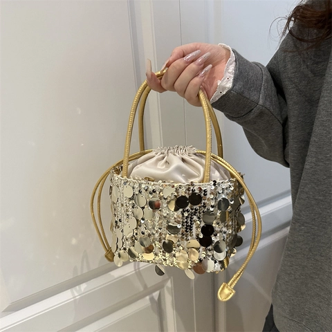 Women Sequin Bucket Bag Shiny Drawstring Handbag With Metal Handle Chain Strap Fashion Shoulder Bag For Party Wedding Gift