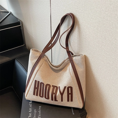 Large Capacity Women Canvas Tote Bag Commuter Shoulder Bag PU Leather Strap Letter Print Casual Chic University Student Bag