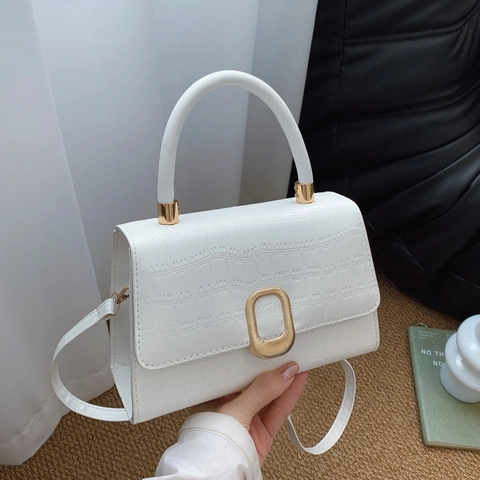 Damen Krokodilmuster PU Leder Baguette Tasche Einfache Klappe Kleine Quadratische Schultertasche Mit Gold Metallschließe Handtasche
