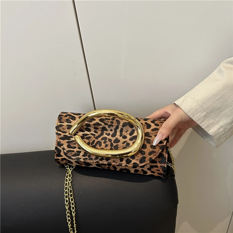 Pochette de Soirée Rétro Design pour Femme Grande Poignée en Métal Doré Imprimé Léopard Similicuir Chaîne Sac Bandoulière pour Mariage