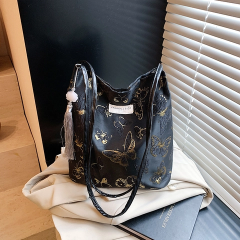 Bolso de Hombro de Nailon con Bordado de Mariposa para Mujer Estilo Guochao Vintage Bolso de Gran Capacidad con Borla