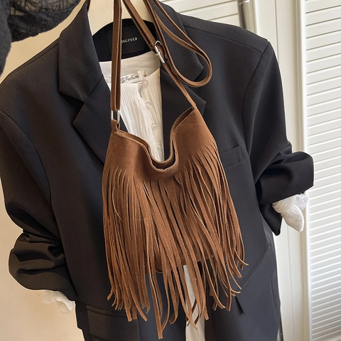 Boheems Imitatie Suède Franje Emmer Tas Voor Vrouwen Vintage Tassel Schoudertas Klein Dagelijks Casual Crossbody Handtas