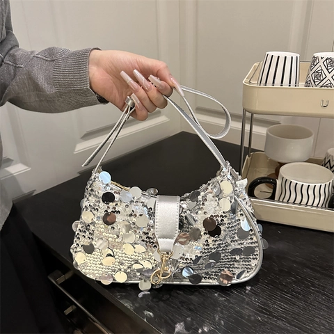 Borsa Sottobraccio in Paillettes Luccicanti da Donna Mezzaluna Tracolla Glitterata PU Cinturino Sera Festa Borsa Moda