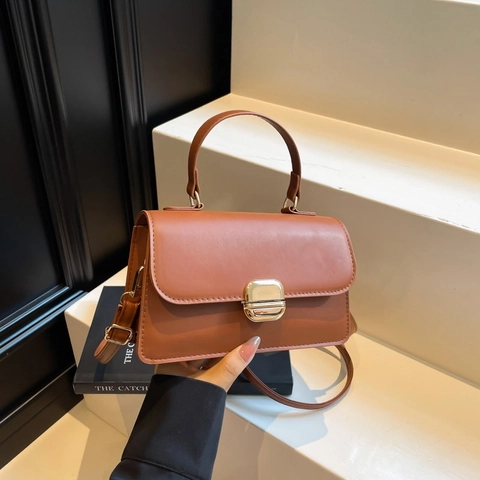 Bolso de Hombro para Mujer Vintage de Cuero PU Con Cierre Metálico Dorado Asa Superior Correa Ajustable Bolso Cruzado Cuadrado Pequeño Moda Urbana