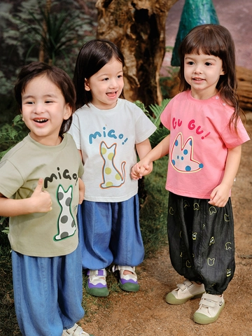 Kids Casual Cotton Blend Short Sleeve T Shirt Cartoon Cat Print Round Neck Soft Breathable Tee For Toddlers Boys Girls