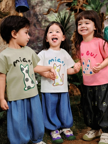 Kids Casual Cotton Blend Short Sleeve T Shirt Cartoon Cat Print Round Neck Soft Breathable Tee For Toddlers Boys Girls