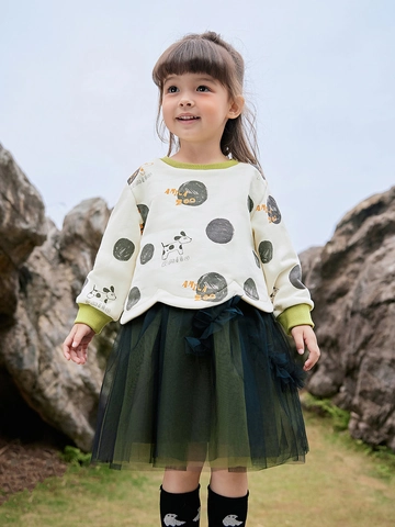Mädchen Polka Dot Netz Prinzessin Kleid Cartoon Hund Druck Langarm Baumwolle Gespleißt Tüll Mehrlagiger Rock Für Kleinkinder Kinder Herbst Mode Kleidung