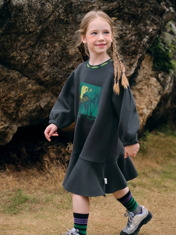 Girls Sweet Casual Long Sleeve Dress Cotton Blend Owl Print Fishtail Ruffle Hem Autumn Kids Fashion Sweatshirt Dress