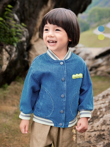 Boys Casual Baseball Jacket Soft Denim Waffle Texture Cartoon Pea Pod Patch Single Breasted Fall Outerwear Coat