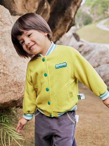 Boys Casual Baseball Jacket Soft Denim Waffle Texture Cartoon Pea Pod Patch Single Breasted Fall Outerwear Coat