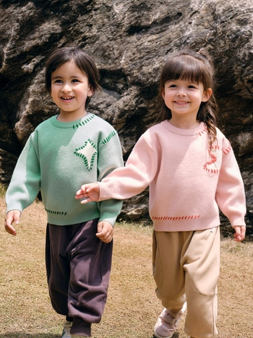 Pull en Tricot Assorti Parent-Enfant Manches Longues Col Rond Mélange d'Acrylique Avec Détails Cousus Pour Enfants Hommes Femmes